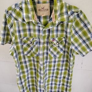 Hollister Lime and Blue Plaid Shirt